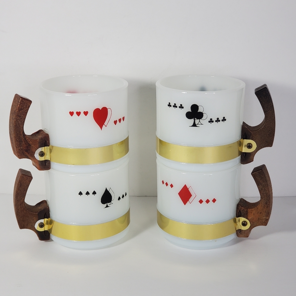 Siesta Ware Vintage 4 Coffee Cups Wooden Handles Poker Playing Cards Bar Ware